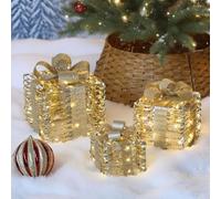 Christmas Lighted Present Boxes with Red Ribbon, Reliable Metal Material, Light up Present Boxes Set of 3, Warm Yellow LED with Bows for Indoor Christmas Tree, Yard, Home Decoration (Gold)