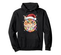 Christmas Lights Cat Santa Hat Cute Xmas Pajamas Pullover Hoodie
