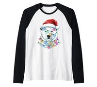 Christmas Lights Polar Bear Santa Hat Cute Xmas Ice Bear Raglan Baseball Tee