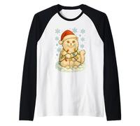 Christmas Lights Wrapped On Cute Fluffy White Cat Lover Raglan Baseball Tee