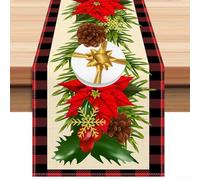 Christmas Linen Table For Runner with Holiday Motifs Such as Cookie Men Pine Cones Bells and Holly Leaves with Checkered Border for Table and Home Use (2)