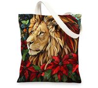 Christmas lion Canvas Tote Bag for Shopping 13x15, Stained Glass Animal Xmas Reusable Grocery Print Bag for Women Men, Holiday Wildlife Aesthetic Painting Gift Decor