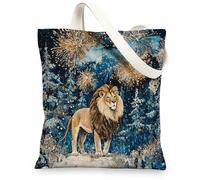 Christmas lion Canvas Tote Bag for Shopping 13x15, Winter Fireworks Animal Xmas Reusable Grocery Print Bag for Women, Holiday Wildlife Beach Aesthetic Painting Gift Decor