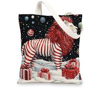 Christmas lion Canvas Tote Bag for Shopping 13x15, Winter Funny Animal Xmas Reusable Grocery Print Bag for Women, Holiday Wildlife Beach Aesthetic Painting Gift Decor