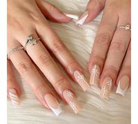 Christmas Long Squre False Acrylic Nails With Snowflakes Designs And Winter Artificial Nails Art For Women Girls 24Pcs