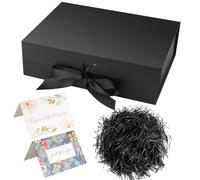 Christmas Luxury black gift box with ribbon, premium magnetic lid, large rectangular design. Ideal for birthdays and special occasions, includes shredded paper and cards for presentation.