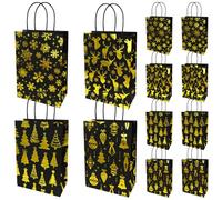 Christmas Luxury Metallic Black Gold Foil Gift Bags Set, Goodie Bags with Handles Treats Bags for Xmas Snack Treat Candy Gifts Bag Decorations Birthday Party Supplies, 21x15x8cm