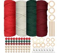 Christmas Macrame Kit, 4 PCS SILARLAIT 3mm 50m Macrame Cord Set with 84 Accessories, 60 Wooden Beads, 10 Rings, 4 Sticks, 8 Keyrings, 2 Metal Stars, Macrame Cord for Christmas Decorations Crafts