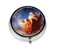 Christmas Magic Pill Box Metal Round Small Pill Case Cute 3 Compartment Pill Organizer Portable Travel Pillbox Mini Pill Container Holder for Daily Medicine Supplement Vitamin