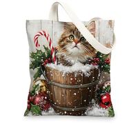 Christmas Maine Coons Cats Canvas Tote Bag for Shopping 13 * 15, Cute Xmas Wood Reusable Grocery Bag for Women, Pet Work Travel Pattern Gift Decor