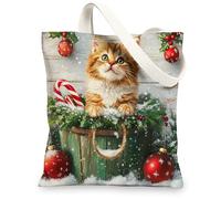 Christmas Maine Coons Cats Canvas Tote Bag for Shopping 13 * 15, Cute Xmas Wood Reusable Grocery Bag for Women, Pet Work Travel Painting Gift Decor
