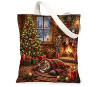 Christmas Maine Coons Cats Canvas Tote Bag for Shopping 13 * 15, Festive Fireplaces Reusable Grocery Shoulder Bag for Women, Xmas Painting Gift Decor