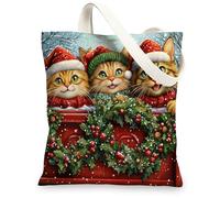 Christmas Maine Coons Cats Canvas Tote Bag for Shopping 13 * 15, Funny Xmas Truck Reusable Grocery Bag for Women, Pet Travel Painting Gift Decoration