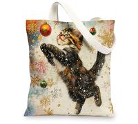 Christmas Maine Coons Cats Canvas Tote Bag for Shopping 13 * 15, Luxury Snowflakes Reusable Grocery Bag for Women, Pet Travel Painting Gift Decoration