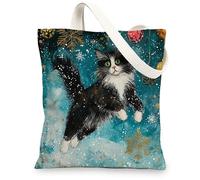 Christmas Maine Coons Cats Canvas Tote Bag for Shopping 13 * 15, Luxury Snowflakes Reusable Grocery Bag for Women, Pet Travel Pattern Gift Decoration