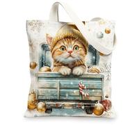 Christmas Maine Coons Cats Canvas Tote Bag for Shopping 13 * 15, Luxury Xmas Truck Reusable Grocery Shoulder Cloth Bag for Women, Pet Painting Gift Decoration