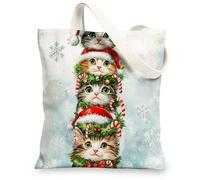 Christmas Maine Coons Cats Canvas Tote Bag for Shopping 13 * 15, Xmas Fun Watercolor Reusable Grocery Bag for Women, Pet Travel Painting Gift Decoration