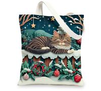 Christmas Maine Coons Cats Canvas Tote Bag for Shopping 13 * 15, Xmas Novelty Forest Reusable Grocery Bag for Women, Pet Work Travel Pattern Gift Decor