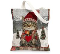 Christmas Maine Coons Cats Canvas Tote Bag for Shopping 13 * 15, Xmas Patchwork Reusable Grocery Bag for Women, Pet Travel Pattern Gift Decoration