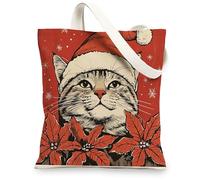 Christmas Maine Coons Cats Canvas Tote Bag for Shopping 13 * 15, Xmas Poinsettia Reusable Grocery Bag for Women, Pet Travel Pattern Gift Decoration
