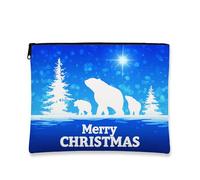 Christmas Makeup Bag, Cute Polar Bears and Trees Cosmetic Travel Pouch for Women, Portable Small Canvas Zipper Organizer, Holiday Skincare Toiletry Bag, Blue, 7x9 Inch, Christmas
