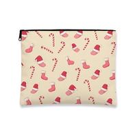 Christmas Makeup Bag, Cute Santa Hats and Candy Canes Portable Cosmetic Travel Pouch for Women, Small Canvas Zipper Organizer, Holiday Skincare Toiletry Bag, Peach, 7x9 Inch, Christmas