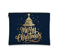 Christmas Makeup Bag, Gold Tree Merry Holiday Cosmetic Travel Pouch for Women, Portable Small Canvas Zipper Organizer, Seasonal Skincare Toiletry Bag, Navy, 7x9 Inch, Christmas