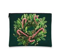 Christmas Makeup Bag, Green Wreath with Candy Canes Cosmetic Travel Bags for Women, Portable Small Canvas Zipper Pouch, Holiday Toiletry Bag Organizer, Green, 7x9 Inch, Wreath