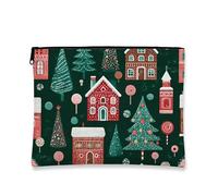 Christmas Makeup Bag, Holiday Village Pattern Cosmetic Travel Pouch for Women, Portable Small Canvas Zipper Organizer, Winter Skincare Toiletry Bag, Green, 7x9 Inch, Bag