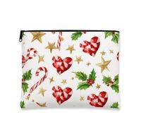 Christmas Makeup Bag, Red Hearts and Candy Canes Holiday Cosmetic Travel Pouch, Portable Small Canvas Zipper Organizer for Women, Seasonal Skincare Toiletry Bag, Red, 7x9 Inch, Bag