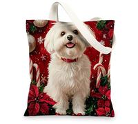 Christmas Maltese Dog Canvas Tote Bag for Shopping 13x15, Xmas Candy Poinsettia Puppy Reusable Grocery Print Bag for Women Men, Holiday Pet Aesthetic Painting Gift Decor