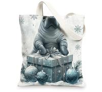 Christmas Manatees Canvas Tote Bag for Shopping 13 * 15, Luxury Xmas Gifts Box Reusable Grocery Shoulder Cloth Bag for Women, Sealife Painting Gift Decoration