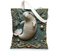 Christmas Manatees Canvas Tote Bag for Shopping 13 * 15, Novelty Luxury Xmas Reusable Grocery Shoulder Cloth Bag for Women, Sealife Painting Gift Decor