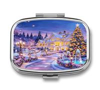 Christmas Manor Pill Box 2-Compartment Portable Pill Case Square Metal Medication Organizer Small Weekly Medication Case with Mirror Stylish Vitamin Holder for Purse Pocket Travel