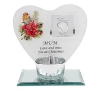 Christmas Memorial 19cm Glass Tea Light Candle Holder with Heart Robin and Poinsettia Comes Gift Boxed (Mum 8842)