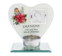 Christmas Memorial 19cm Glass Tea Light Candle Holder with Heart Robin and Poinsettia Comes Gift Boxed (Grandad 8811)