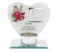 Christmas Memorial 19cm Glass Tea Light Candle Holder with Heart Robin and Poinsettia Comes Gift Boxed (Nan 8828)