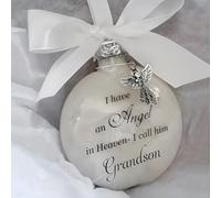 Christmas Memorial Baubles 8cm Angel in Heaven Ornament with Feather Ball Clear Plastic Bauble for Xmas Decoration Christmas Tree Hanging Decor Perfect for Family Remembrance (Grandson)