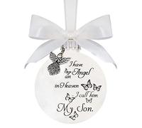 Christmas Memorial Baubles Ornaments I Have an Angel in Heaven Christmas Bauble Ornament Grave Decorations Clear Baubles White Feather Ball Hanging Decoration with Box for Xmas (Son)