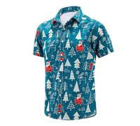 Christmas Men Funky Hawaiian Shirts Casual Button Down Hawaiian Shirts Relaxed-Fit Palm Tree Printed Summer Short Sleeve Aloha Beach Holiday Shirt Ugly Xmas Tee Tops Vacation Wear Tee Blue