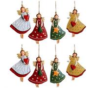 Christmas Metal Angel Pendant - 4/8 Pcs Retro Tin & Wood Hanging Ornaments Set, Dancing Flying Angels Decor for Xmas Tree, Fireplace, Window, Wall - Holiday Home & Party Decoration (8 Pcs 12cm)