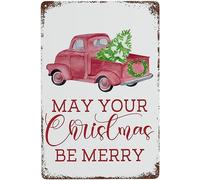 Christmas Metal Sign Red Truck Pine Tree Tin Sign May Your Christmas Be Merry Front Door Sign Rust Style Outdoor Decorations Retro Farmhouse Hanging Iron Poster For Home Porch Garden Garage 5.5x8 Inch