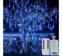 Christmas Meteor Shower Lights Battery Powered, Waterproof 144 LED Icicle Snow Falling Lights with Remote Timer Raindrop Light for Tree Yard Patio Christmas Party Outdoor Decor(Blue)