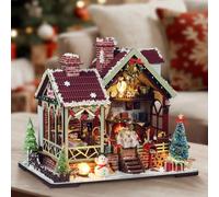 Christmas Miniature House Kit, DIY Xmas Book Nook Kit, Mini Wooden Dollhouse Kits for Adults Xmas Eve Snowflakes Building with LED Light, Tiny Model House for Beginner Adults to Build (A)