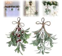 Christmas Mistletoe Decor,Artificial Hanging Mistletoe,Artificial Mistletoe Picks Christmas Mistletoe Ornament with White Bow,Mistletoes Glitter Hanging for Couple Home Party Decor
