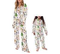 Christmas Mommy and Me Matching Pajamas Nutcracker Santa Claus Pjs Women Girls Xmas Silk Pajama Set Sleepwear (Girl, 3-4 Years, Ivory)