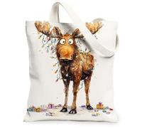 Christmas Moose Canvas Tote Bags, Fun Animal Pattern Reusable Grocery Bags, Winter Fanciful Lightweight Washable Shoulder S, White, 13x15 Inch