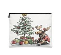 Christmas Moose Cosmetic Bag, Vintage Fanciful Holiday Makeup Pouch for Women, Portable Canvas Zipper Organizer, Festive Winter Toiletry Bag 7x9 Inch