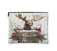 Christmas Moose Makeup Bag, Vintage Holiday Cosmetic Pouch for Women, Portable Canvas Zipper Organizer, Winter Skincare Toiletry Bag 7x9 Inch