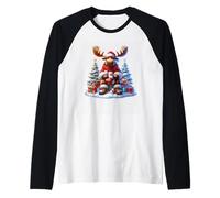 Christmas Moose Santa Hat Snowy Trees Present Raglan Baseball Tee